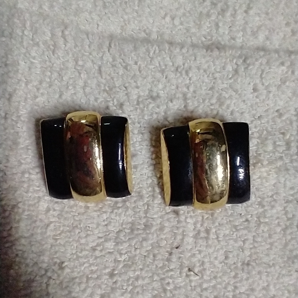 Square black gold clip earrings